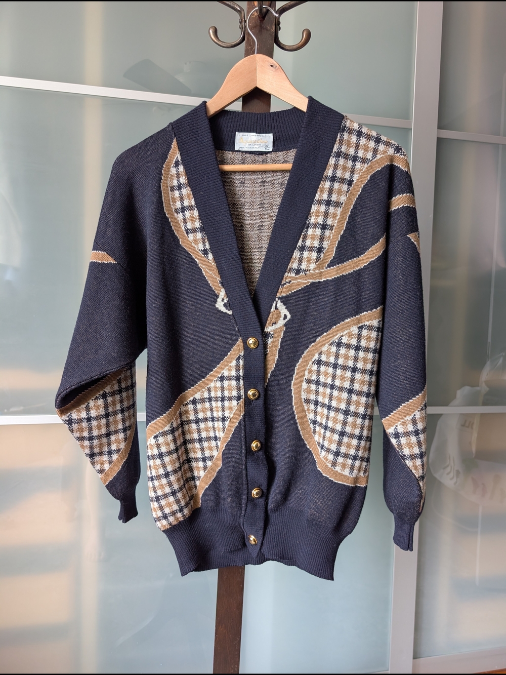 🐑📼 Vintage Pure Lambswool Navy & Tan Patterned Button-Front Cardigan Sweater M